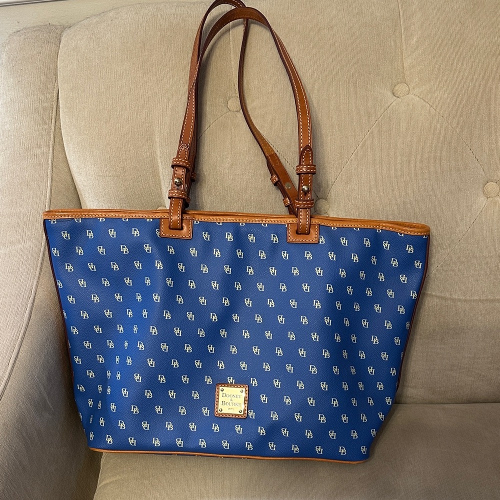 Dooney & Bourke Blue Logo Tote with Brown Leather Trim and Straps